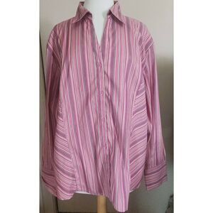 F0  DCC Woman plus sz dressy pink striped button up blouse